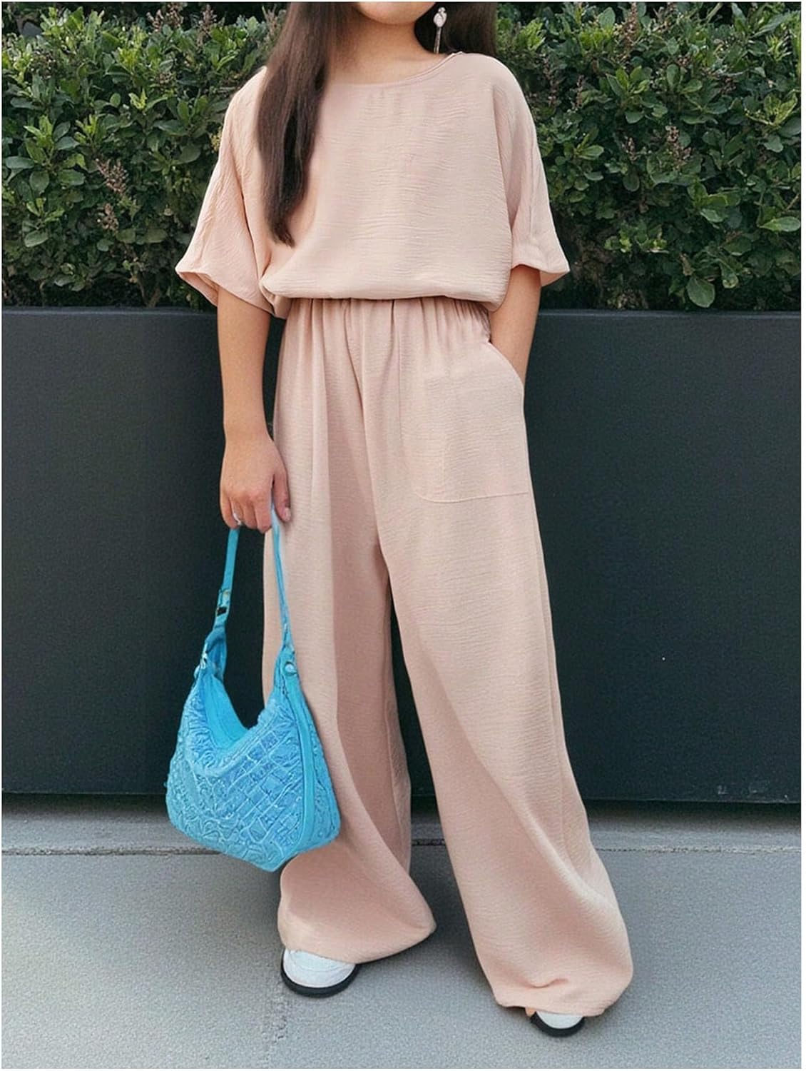 Girl's 2 Piece Casual Linen Summer Outfits Oversize Half Sleeve T Shirt and Wide Leg Pants - Image 4