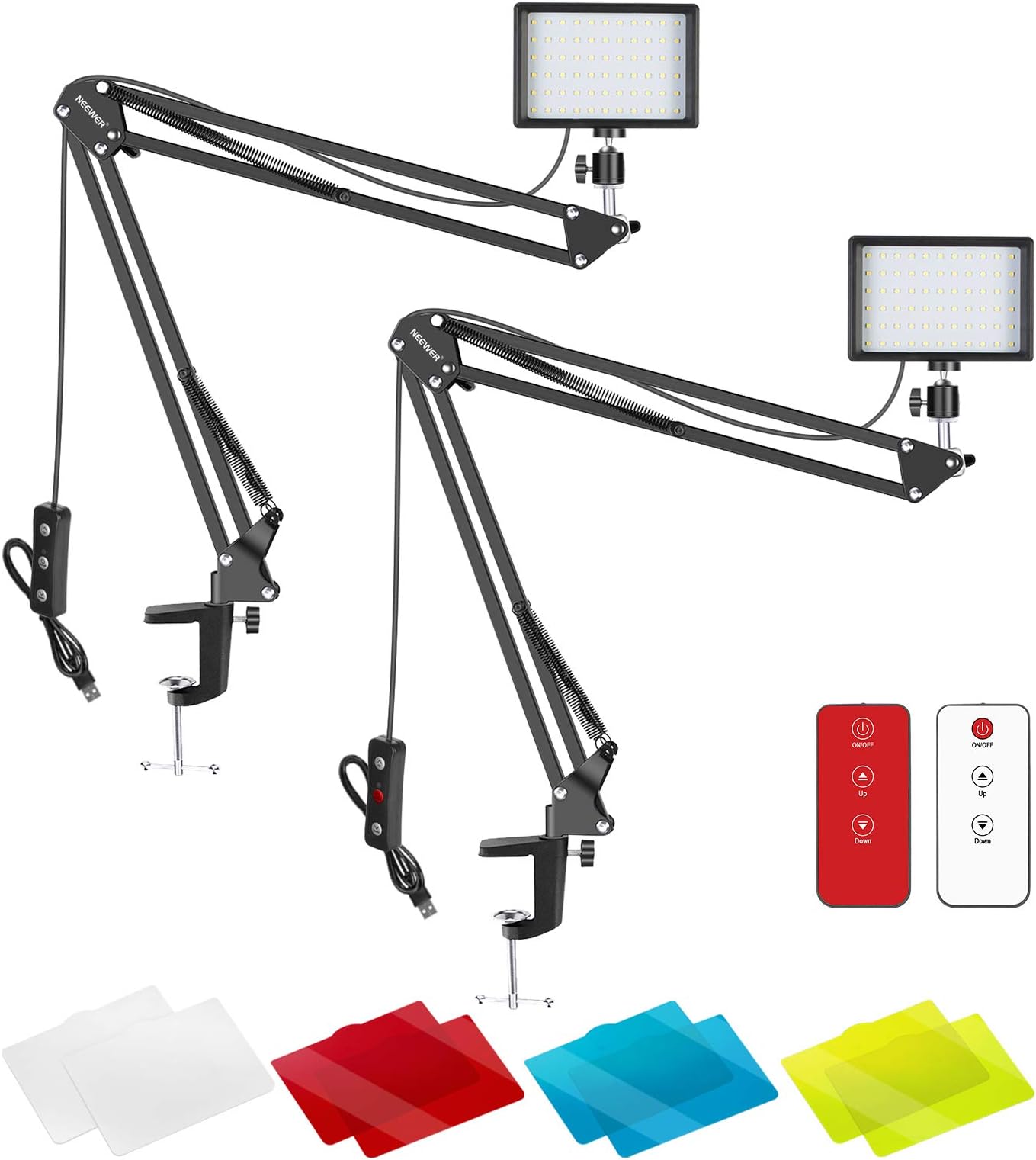 Neewer 2 Packs Upgraded LED Video Light with 433HZ Remote Control Kit: Dimmable 5600K USB 66 LED Light + Desktop Clamp Suspension Scissor Arm Stand for Live Streaming, Ball Head/Color Filter Included