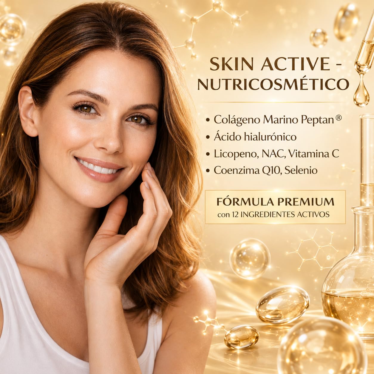 SKIN ACTIVE Suplemento para Piel Joven y Radiante, Antiedad con Colágeno Marino, Ácido Hialurónico, CoQ10, Biotina, Zinc y Vitamina C – Nutricosmetico – Hidratada y Reafirmara – 60 Cápsulas