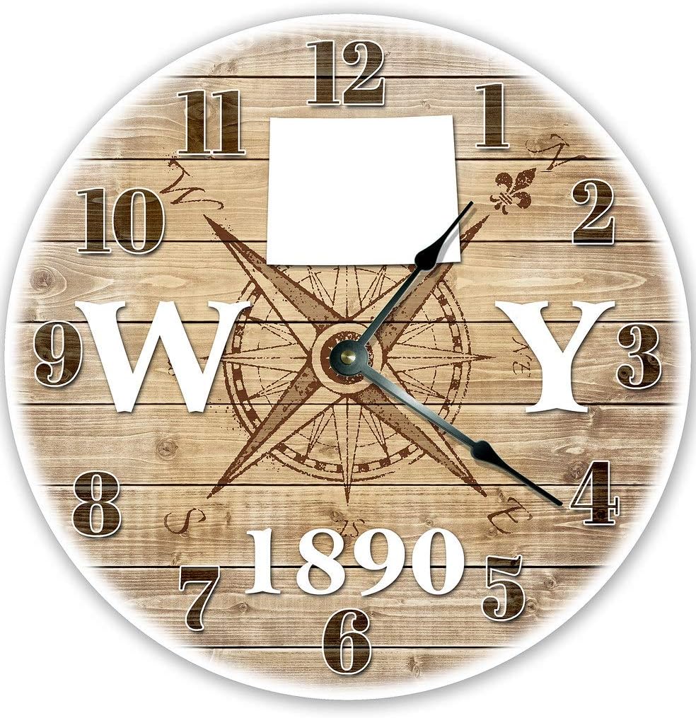 Wyoming State Silent Non Ticking Round Battery Operated Handmade Hanging Extra Large 12 Inch Wall Clock for Bedroom Office Cottage Decoration