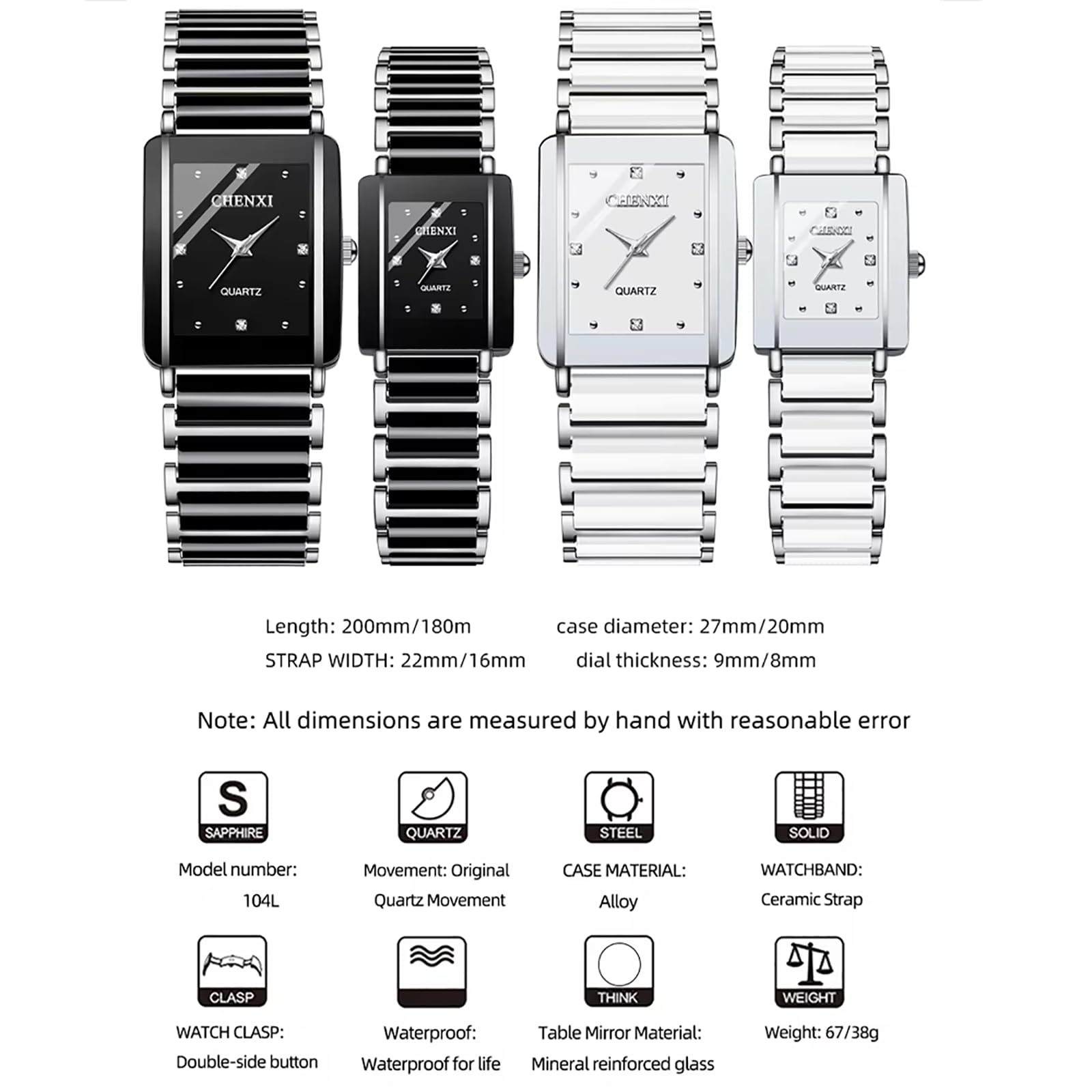 Gosasa Relojes vintage para parejas para hombres y mujeres, reloj de cuarzo cuadrado de cerámica para él y para ella, par de relojes de diamantes impermeables