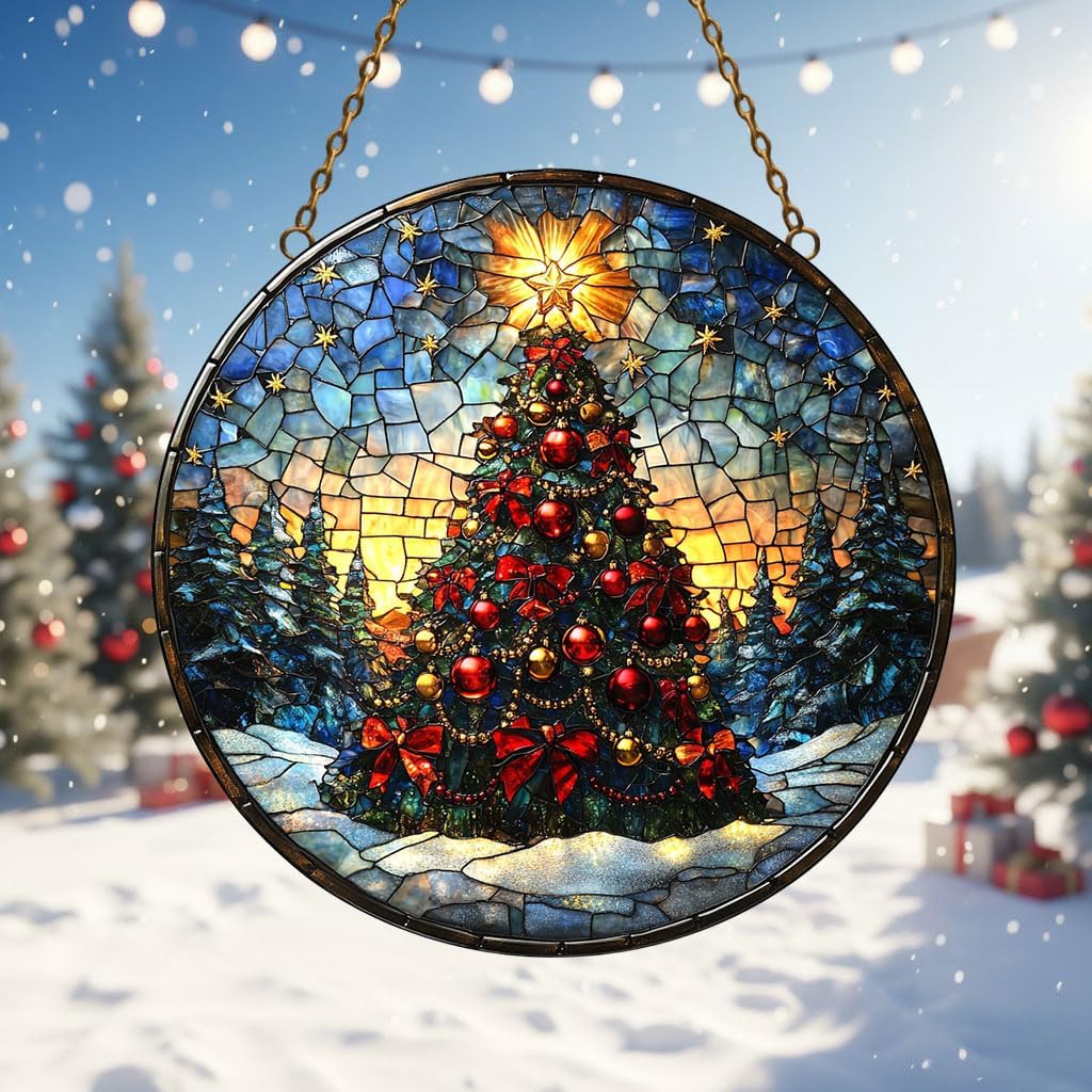Christmas Tree Sunrise Scene Acrylic Suncatcher Stained Glass Effect Window Car Hanging Christmas Ornament Indoor Outdoor Decor Garden Sun Catcher Panel for Mom Women Grandma