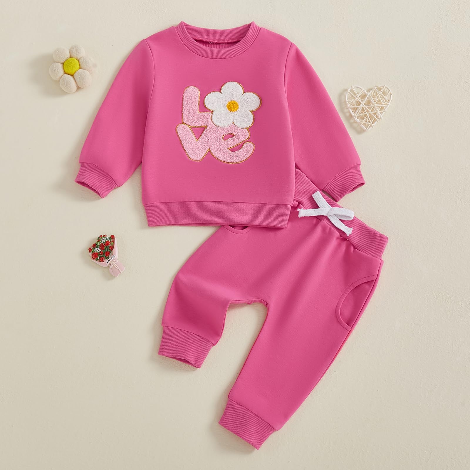 LAGKIYOJ Toddler Girl Valentine's Day Outfits Letter Flower Embroidery sweatshirt Long Pants 6 12 18 24 Months 2T 3T 4T (Pink Valentine's Day, 2-3T)