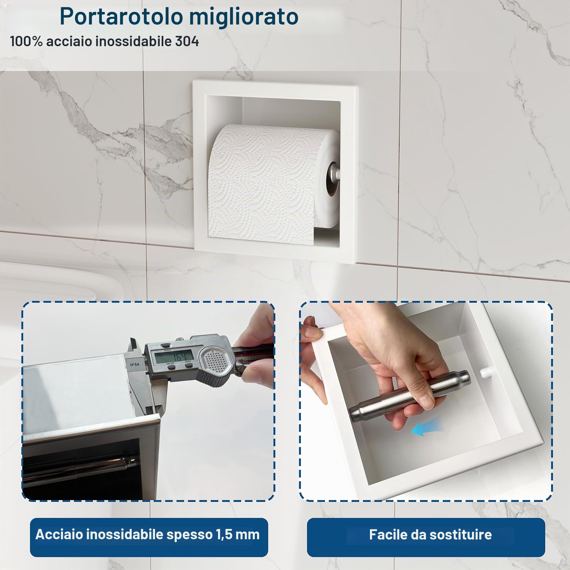 Neodrain Porta carta igienica da incasso in acciaio inox 304 porta rotolo di carta igienica a parete per bagno, bianco