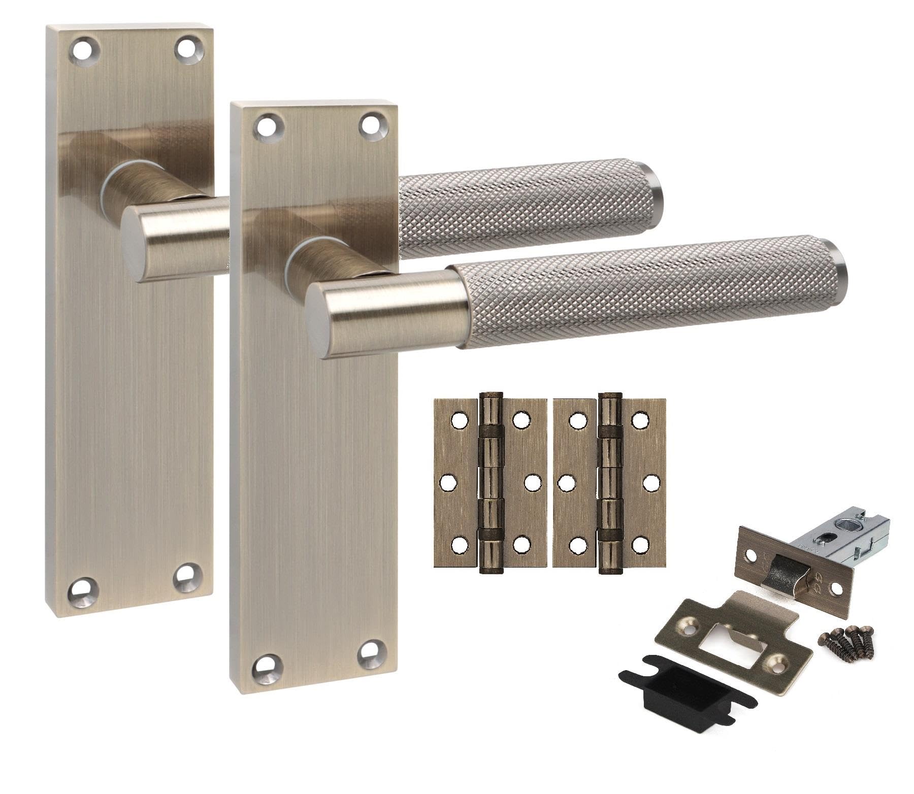Golden Grace 1 Pair Victorian T-Bar Knurled Internal Door Handle Sets Antique Brass 150 x 40mm with 2.5" Latch & Hinges
