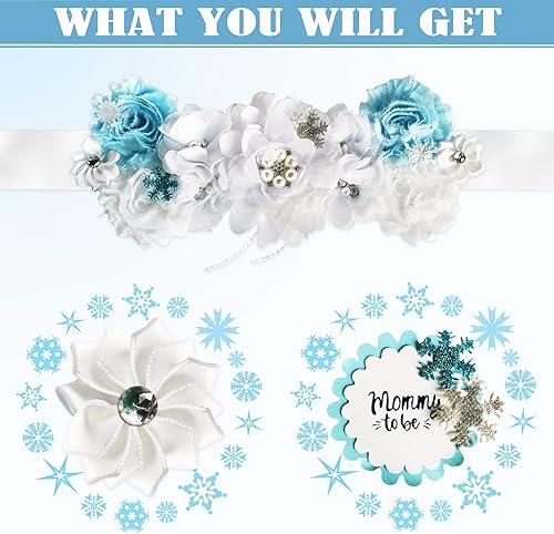 Miniatura 2 de Hombae Cinturón de maternidad de Frozen para baby shower, copos de nieve azul, juego de pines de ramillete para mamá y papá para fiesta de Frozen,