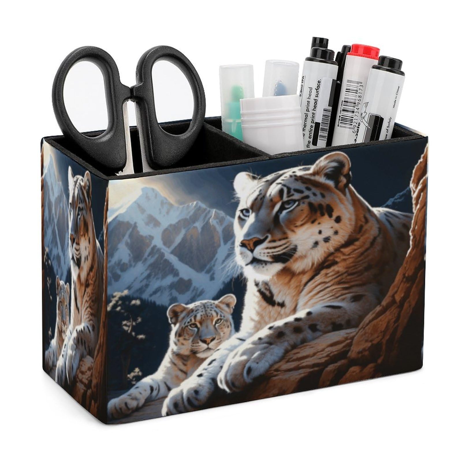 LZQPOEAS Mountain Lions Leather Pen Holder Square Pencil Holder Multi-Functional Desk Organizer Modern Pen Cup Pencil Cup Minimalist Desktop Stationery Organizer for Desk Office Home