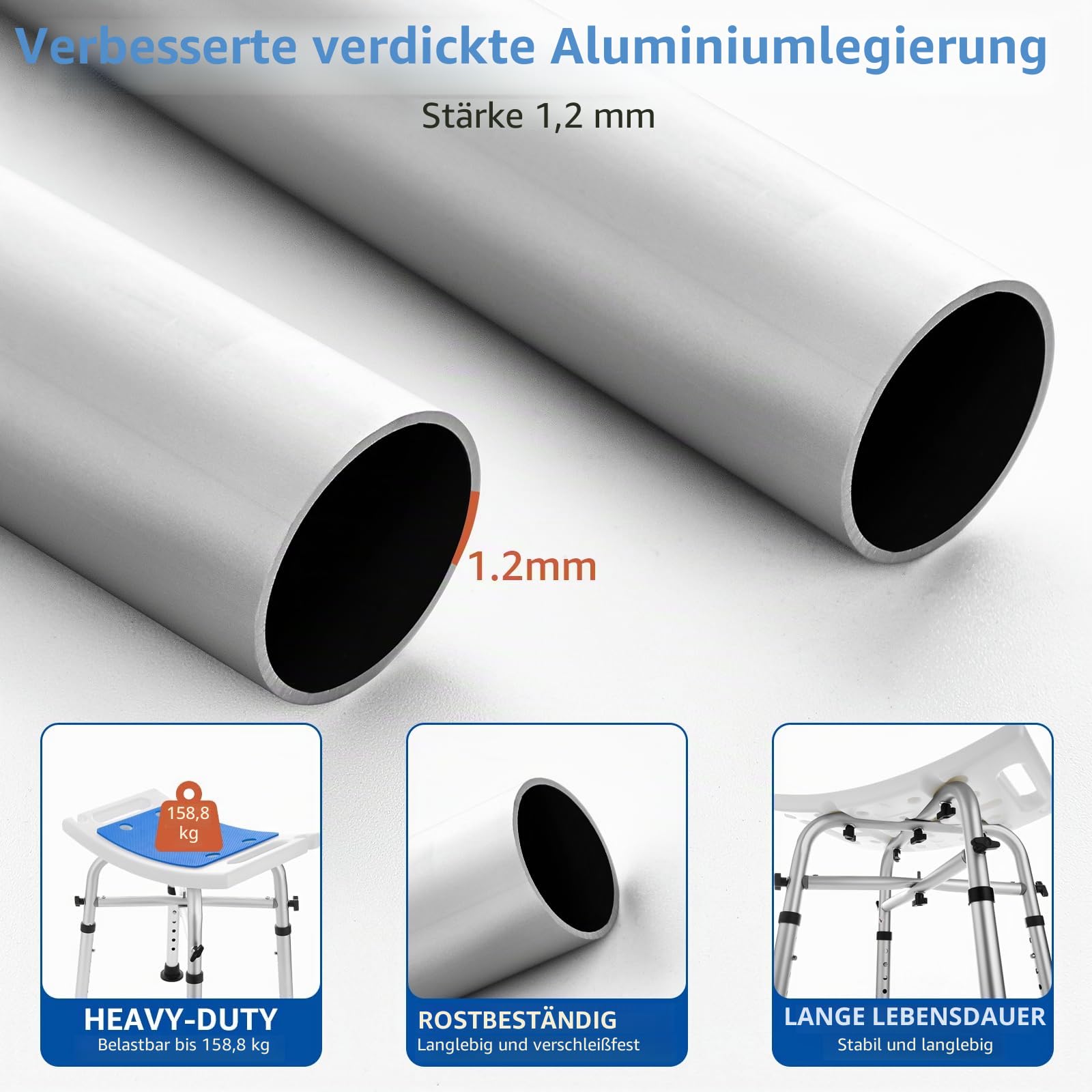 Duschhocker, Badestuhl, höhenverstellbar, mit Stabiler Querstange für Senioren, Erwachsene, Kinder, Rutschfester Duschsitz Duschstuhl für Innenduschen (ohne Duschkopf)