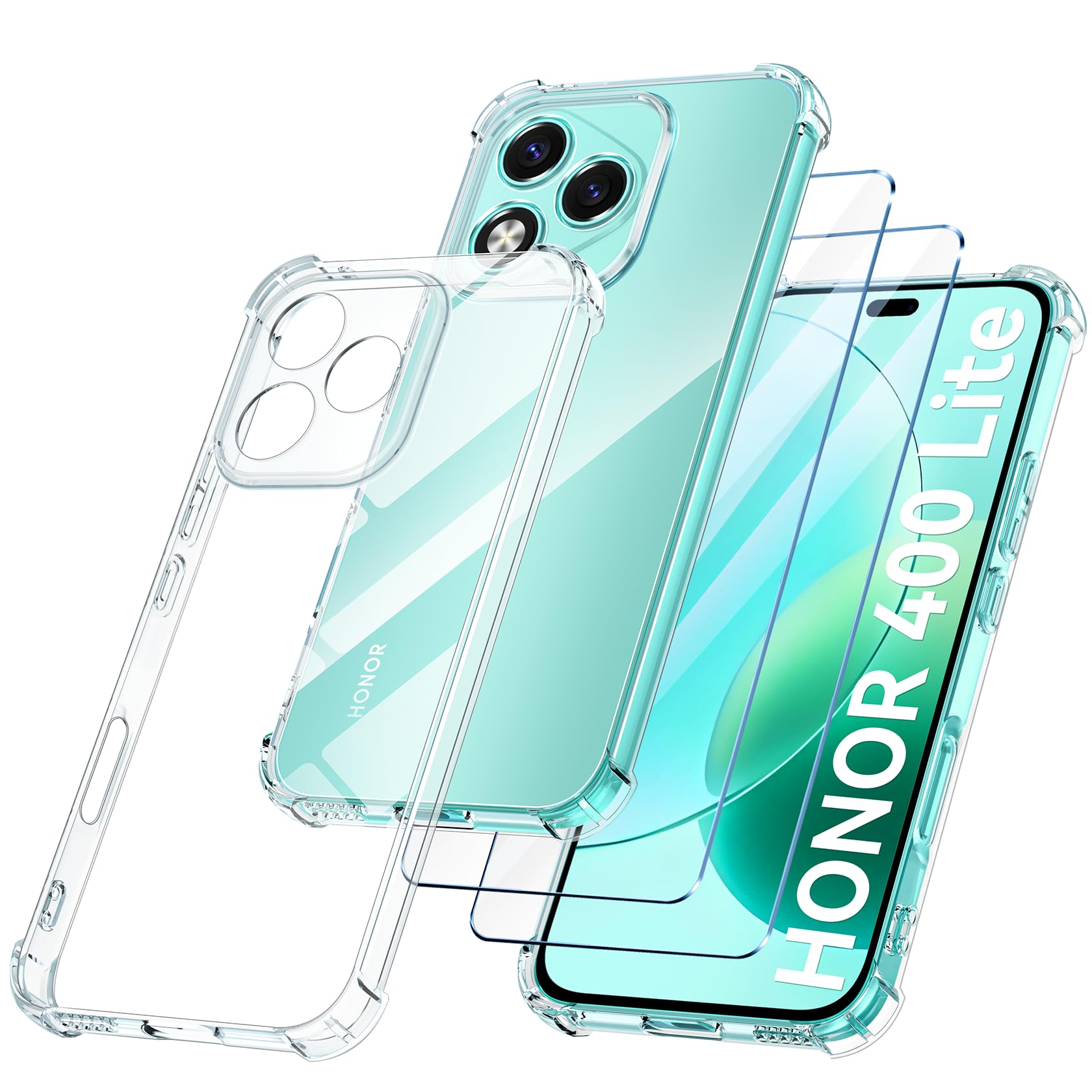 FLLAO Cover Compatibile con Honor 400 Lite 5G con 2 Vetro Temperato [Protezione Fotocamera] Anti Ingiallimento Antiurto Cover Silicona TPU Morbido Custodia per Honor 400 Lite 5G - Trasparente