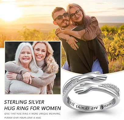 Yearace Hug Ring, S925 Sterling Silver Hug Rings for Women Girl, Hugging Hand Open Promise Ring, Mothers Day Valentine's Day Birthday Gifts