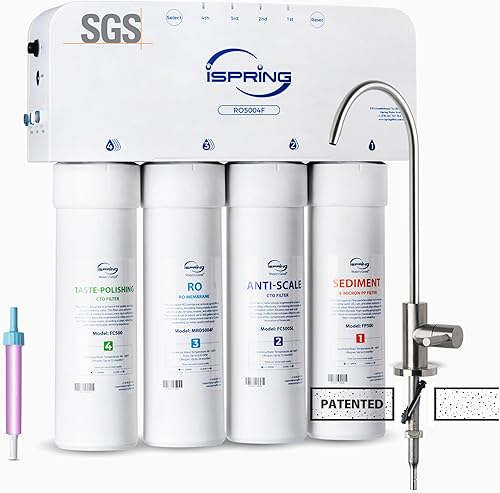 iSpring Filtro de agua de ósmosis inversa RO5004F con UV, reducción de PFAS y TDS, sistema RO de 500 GPD debajo del fregadero, 21 puro para drenar,