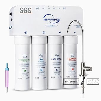 فلتر مياه التناضح العكسي iSpring RO5004F مع الأشعة فوق البنفسجية، واختبار SGS PFAS وتقليل TDS، ونظام RO 500 GPD تحت الحوض، و21 نقيًا للتصريف، ونظام ترشيح مياه RO بدون خزان، ومراقبة عمر الفلتر