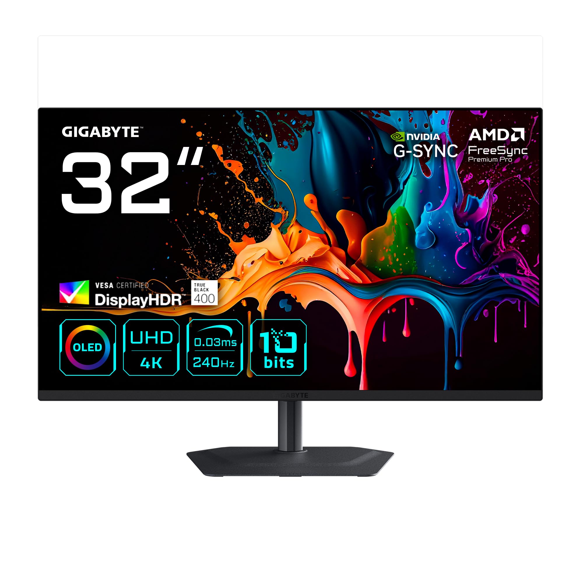 Gigabyte MO32U2 32” OLED 4K UHD Gaming-Monitor - 3840 x 2160, 240Hz, 0.03ms, 250 cd/m², G-Sync Kompatibel, FreeSync Premium Pro, Display HDR True Black 400, HDMI 2.1, DisplayPort 1.4
