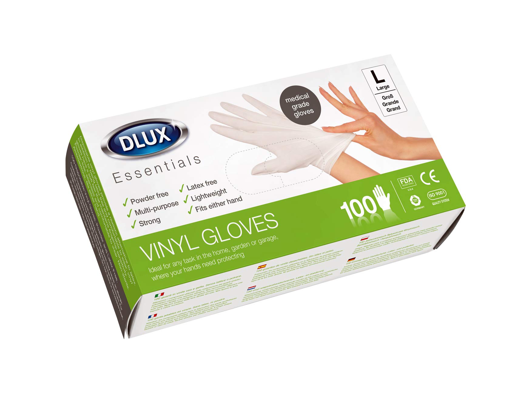 Dlux Vinyl Disposable Gloves Powder Free Medical Grade Size Large (100)