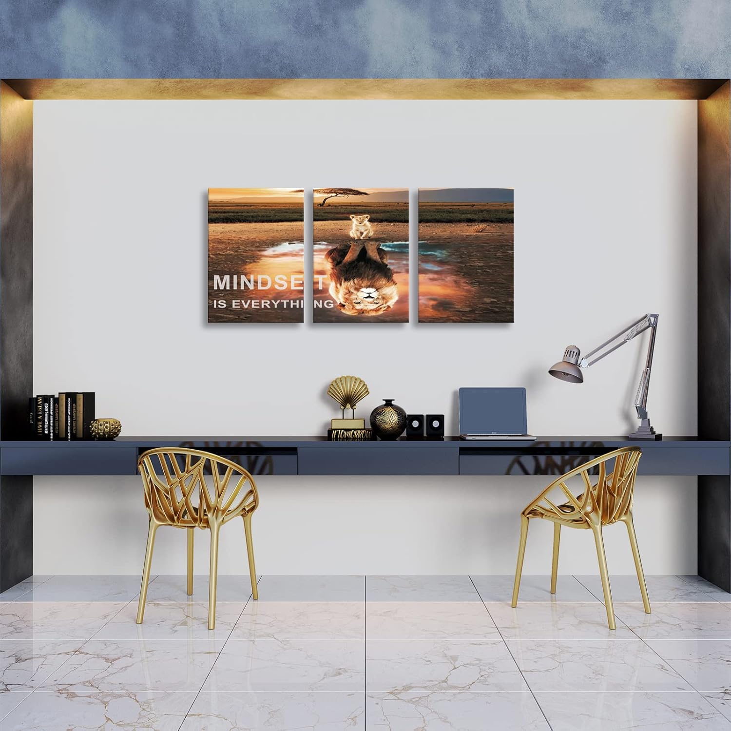 Mindset Is Everything Wall Art Lion Motivational Canvas Wall Art Posters Prints 3 Pieces Inspirational Quote Painting for Office Bedroom Decor - Image 3