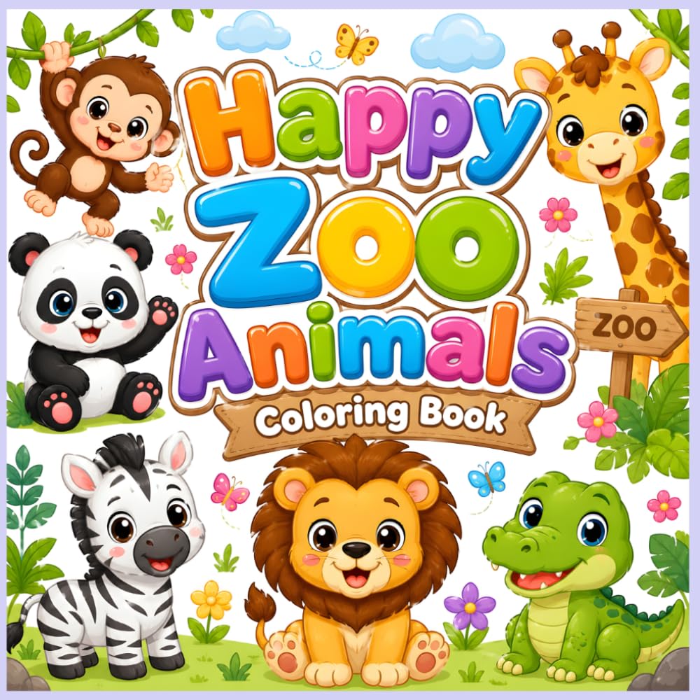 Happy Zoo Animals Coloring Book: Fun and Easy Coloring Pages for Toddlers and Kids Ages 3–7 Featuring Elephant, Lion, Giraffe, Zebra, Panda, Monkey, Tiger, Flamingo, Penguin and More