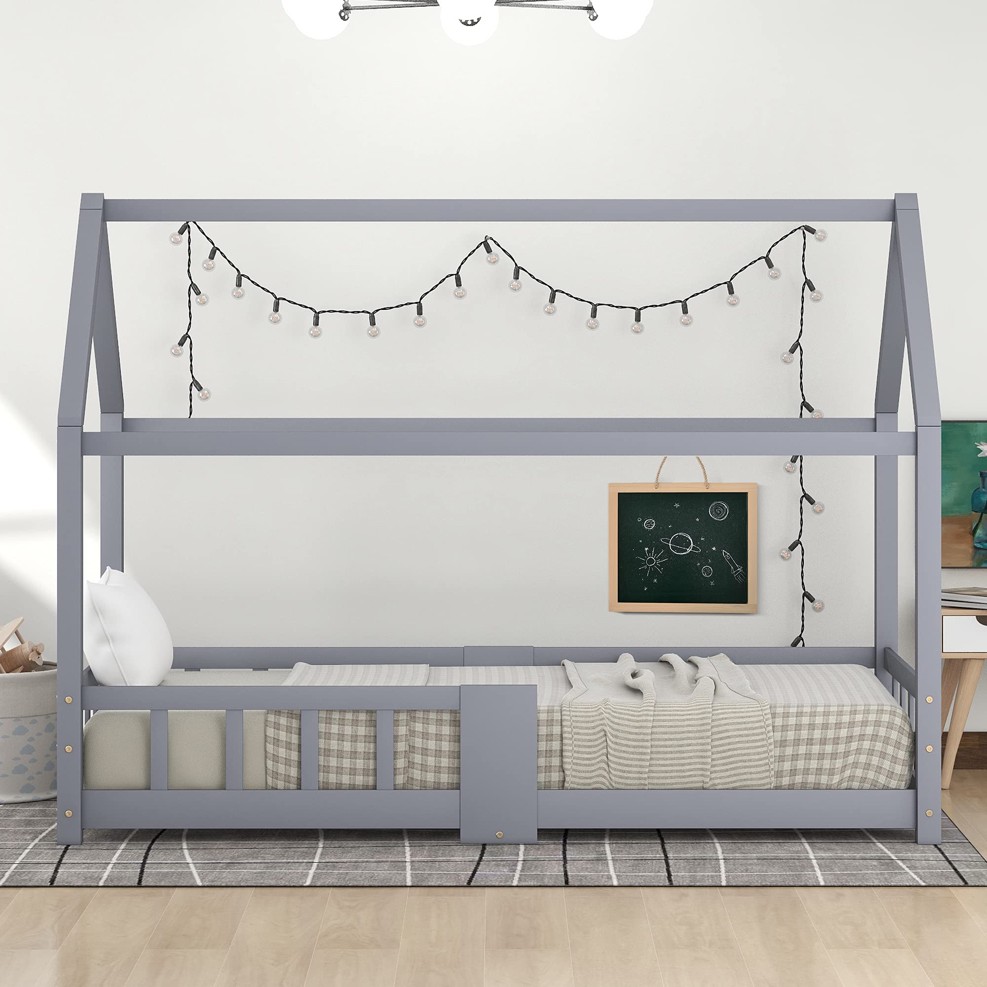 Lit Cabane Enfants 90x200, Lit Maison en Bois Massif avec Barrière Anti-Chute pour Chambre Enfant, Sommier Intégré, Gris,sans Matelas