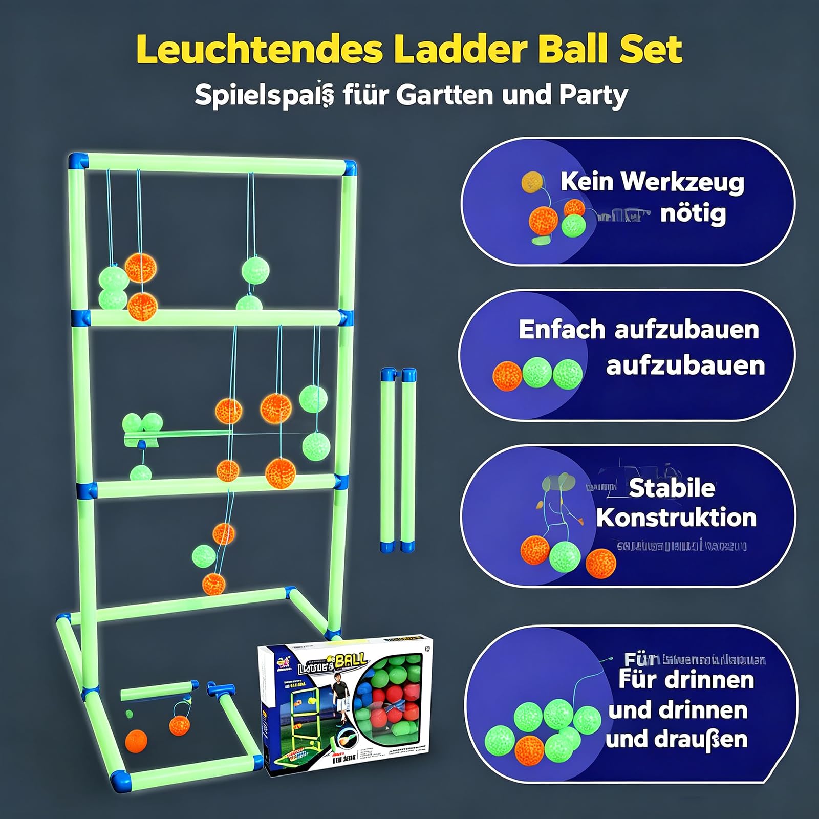 Leitergolf Outdoor mit Nachtleucht-Effekt – Modernes Wurfspiel Gartenspiel mit Bolas, Geschicklichkeitsspiel für Garten, Camping, Terrasse und Party