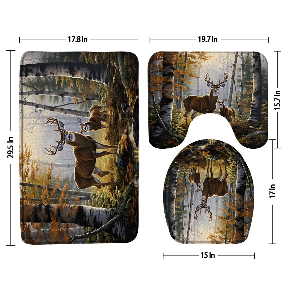 3pcs Forest Deer Bathroom Sets with Non-Slip Rug,Toilet Lid Cover and Bath Mat,Autumn Wildlife Elk Trees Farmhouse Cabin Hunting Camping Country Nature Scenic Bathroom Carpet Bath Mat Toilet Rugs