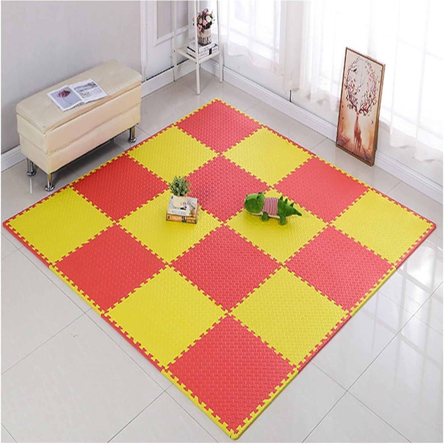 Mata do układania puzzli 32 szt. Miękka pianka do zabawy Płytki piankowe EVA do łączenia(Yellow+Red)