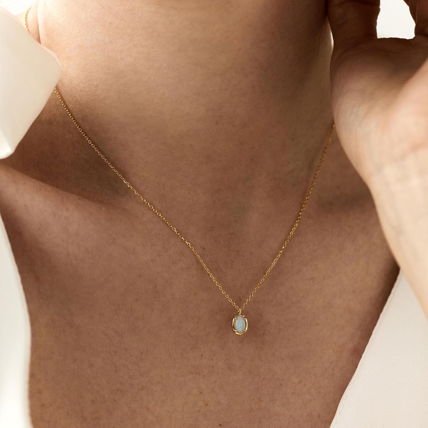 Opal Necklaces for Women Dainty 18K Gold Plated Oval White Opal Pendant Necklace hypoallergenic Natural Simple Opal Jewelry Birthday Gift for Mom - Image 8
