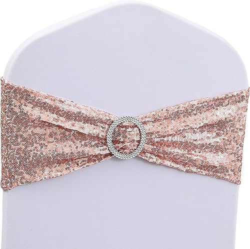 Paquete de 100 bandas de lentejuelas para sillas de color oro rosa, lazos para sillas plegables de fiesta de boda, banda de oro rosa con hebillas
