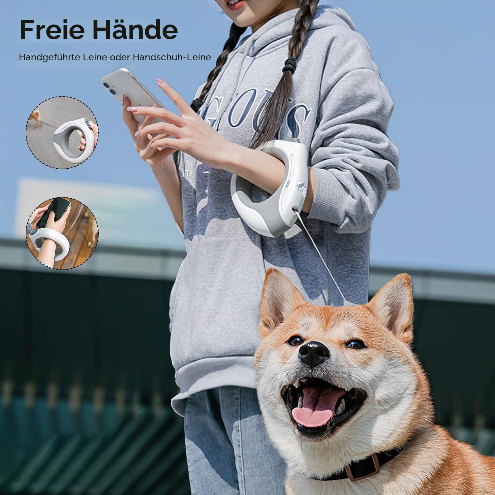 Galatée Einziehbare Hundeleine, 3m Ausziehbare Hundeleine Mit Led-Taschenlampe, EIN-Knopf-Bremse Und Schloss, Ausziehbare Hundeleine Für Hunde Bis 20 Kg(Weiß)