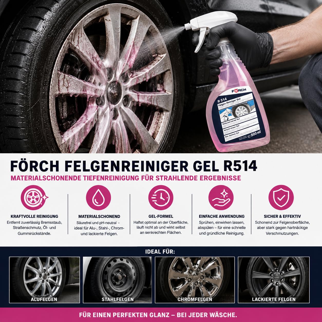 3x FÖRCH Felgenreiniger Gel R514 500 ml – Materialschonende Tiefenreinigung für Alu- & Stahlfelgen