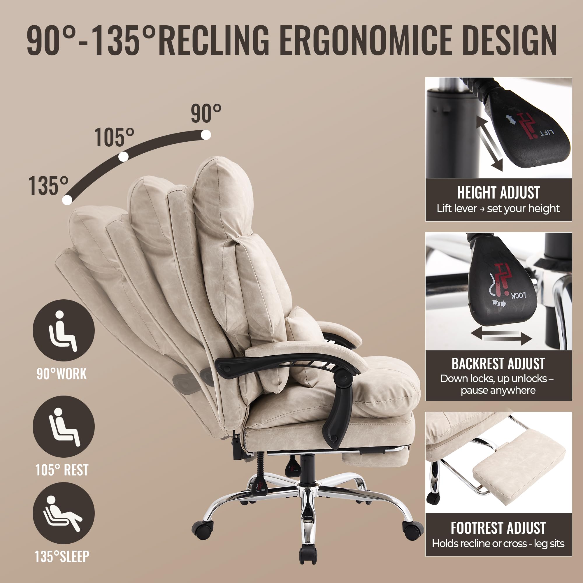 Office Chair with Footrest 500lbs Reclining Leather Computer Chair for Heavy People Big and Tall Comfy Executive Desk — view 4