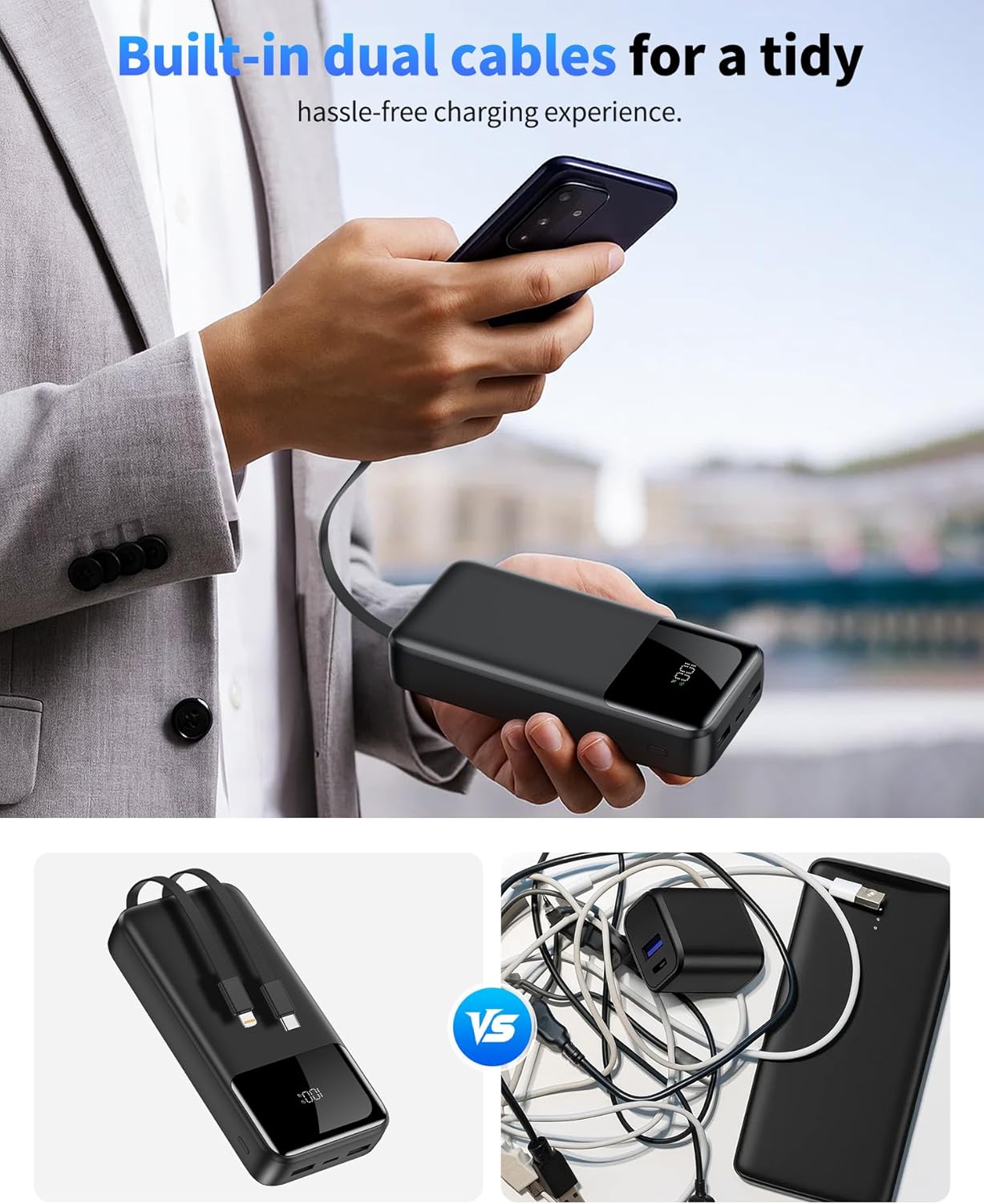 Portable Charger, 40000mAh Power Bank 22.5W Fast Charging, Built-in 2 Output Cable, Type-C Mobile Charger 5 Devices Simultaneously LCD Display for iPhone and Android Phones and Most Electronic Devices - Image 4