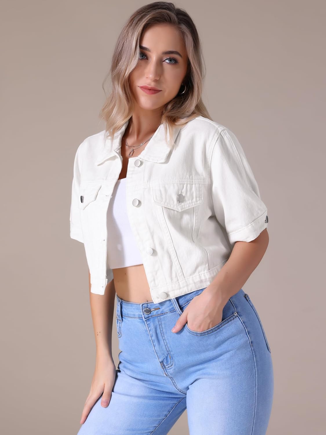 Women's Short Sleeve Denim Jacket Trendy Classic Casual Summer Cropped Jean Jacket - Image 2
