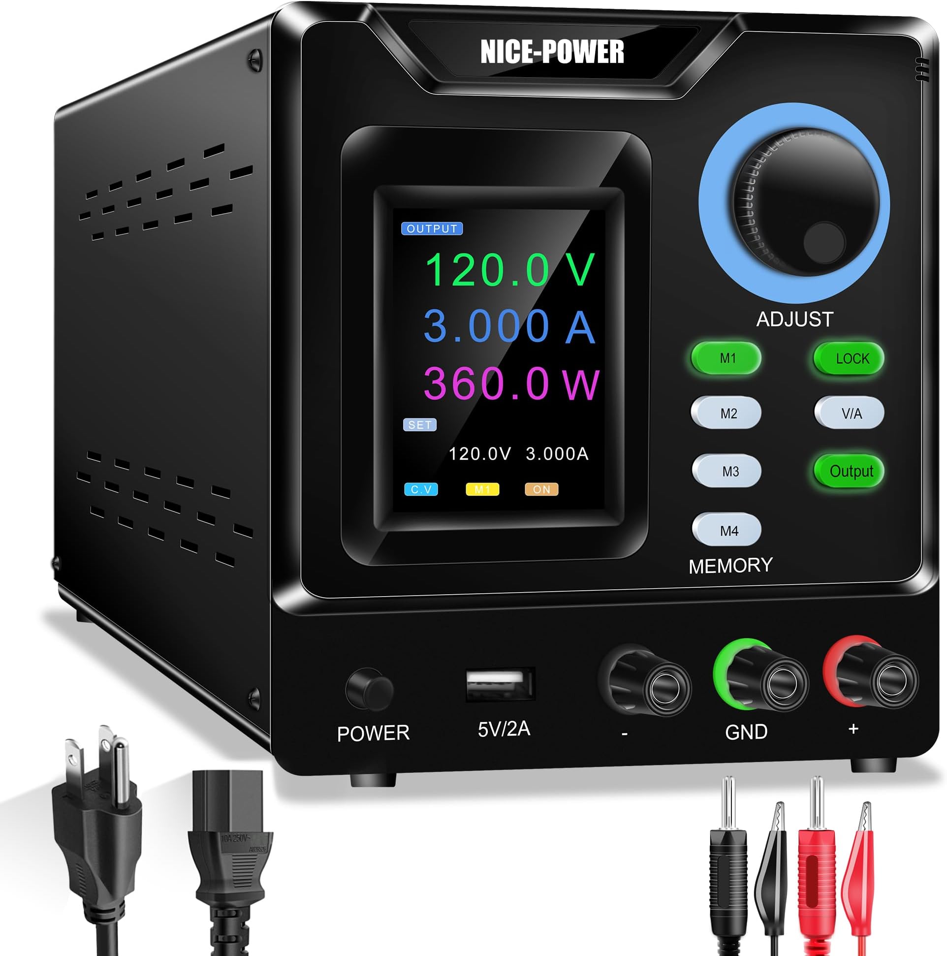 NICE-POWER DC Power Supply Adjustable Variable 4-Digital LED Display Adjustable Regulated Switching DC Lab Bench Power Supply Digital (120V 3A Black)