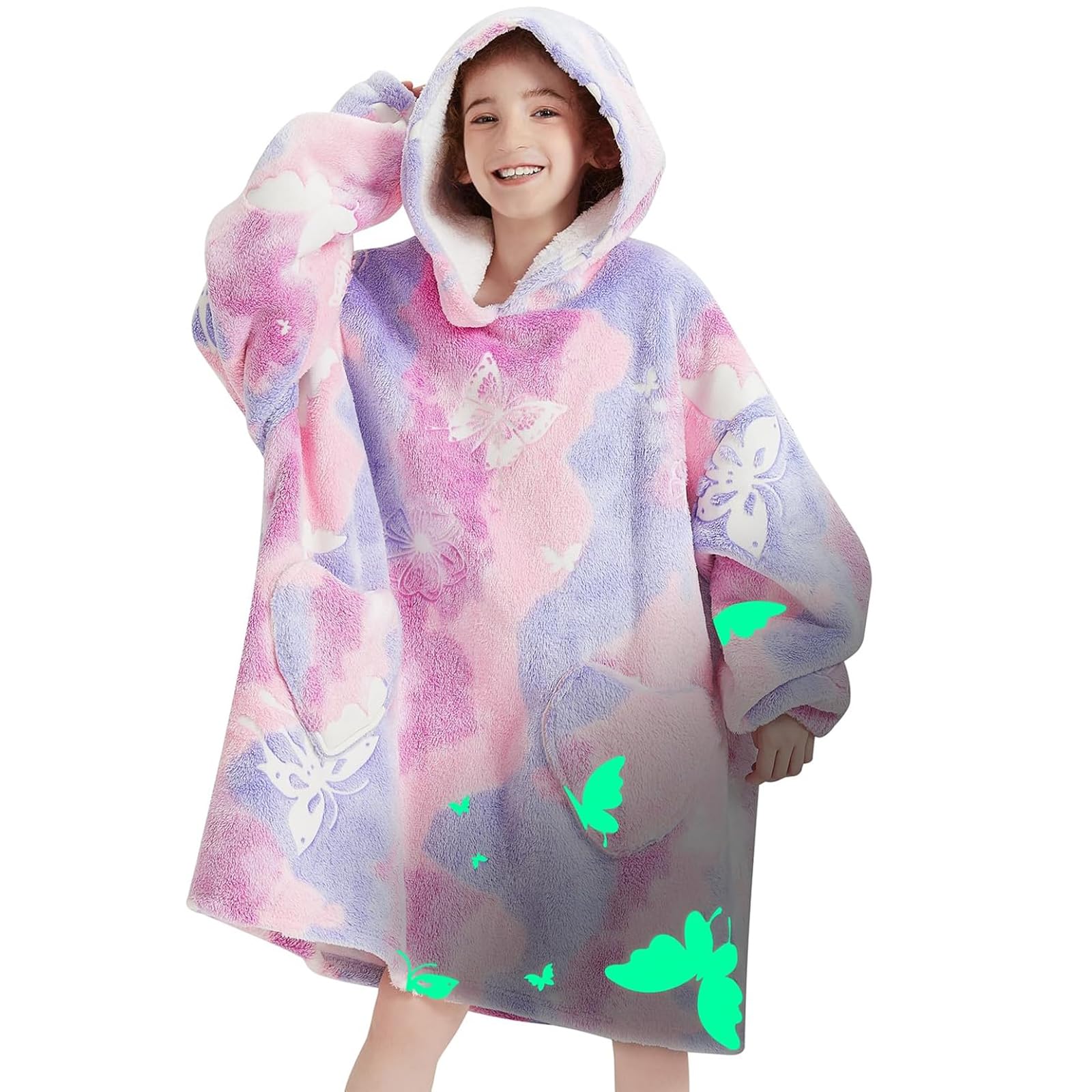 Mewkou Blanket for Adults, Wearable, Oversized Sherpa Fleece Blanket, Hoodie for Women and Men, Pink Butterfly, Kids 6-13YR — image 1