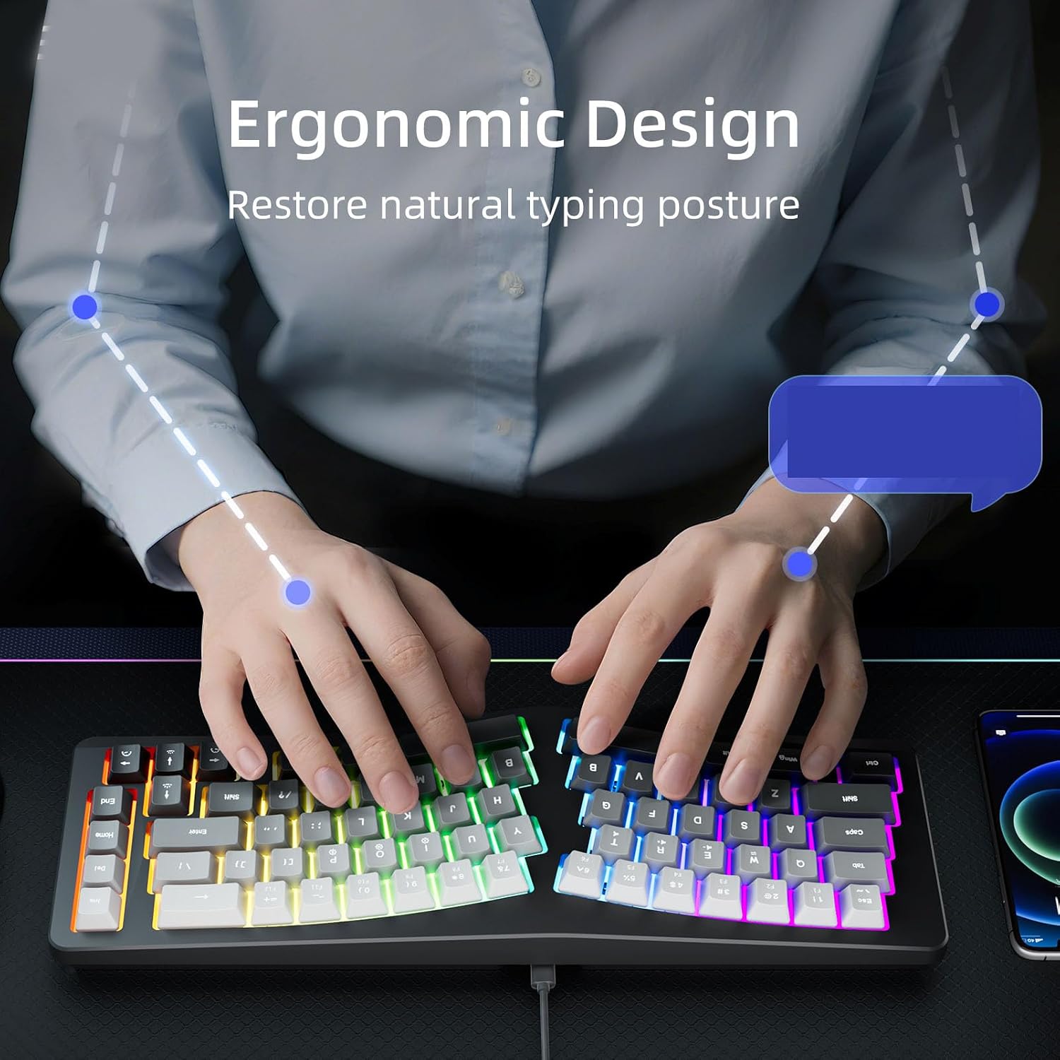 Sanpyl Split Ergonomic Keyboard, USB Wired Comfortable 69 Keys V Shaped Gaming Keyboard with RGB Backlit, for Wins for OS X for Android