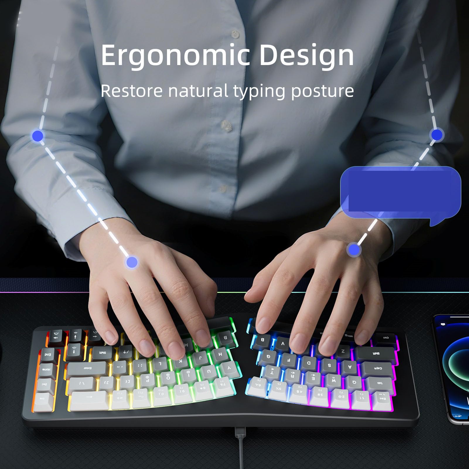 Jectse Tastiera Ergonomica Retroilluminata con Poggiapolsi, Tastiera per Computer Cablata USB a 69 Tasti 7 Colori, Comoda Illuminata per PC, per Wins, per OS X