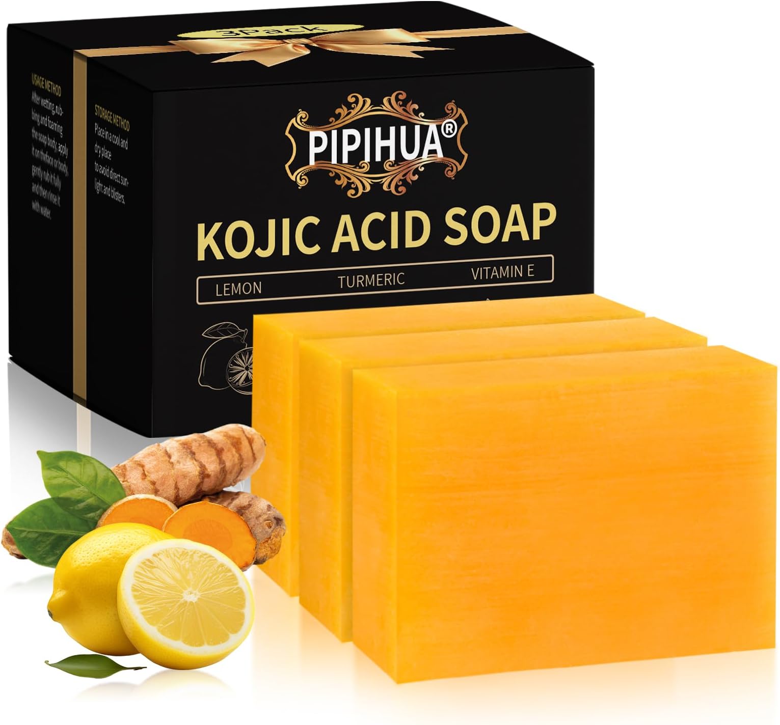 PIPIHUA Lemon Turmeric Kojic Acid Soap: Soap for Skin Combines Lemon & Turmeric & Kojic acid & Collagen & Vitamin C & Glutathione(3 Pack)