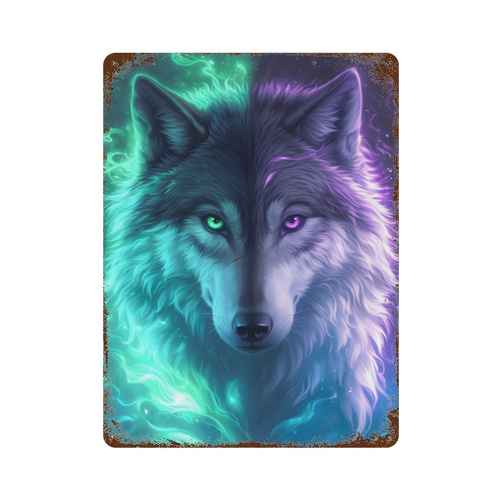 Distressed Metal Wall Sign Anime Mystical Wolf 15.7"x11.8", Vintage Wall Decor for Cafe, Home Bar And Lounge Decor