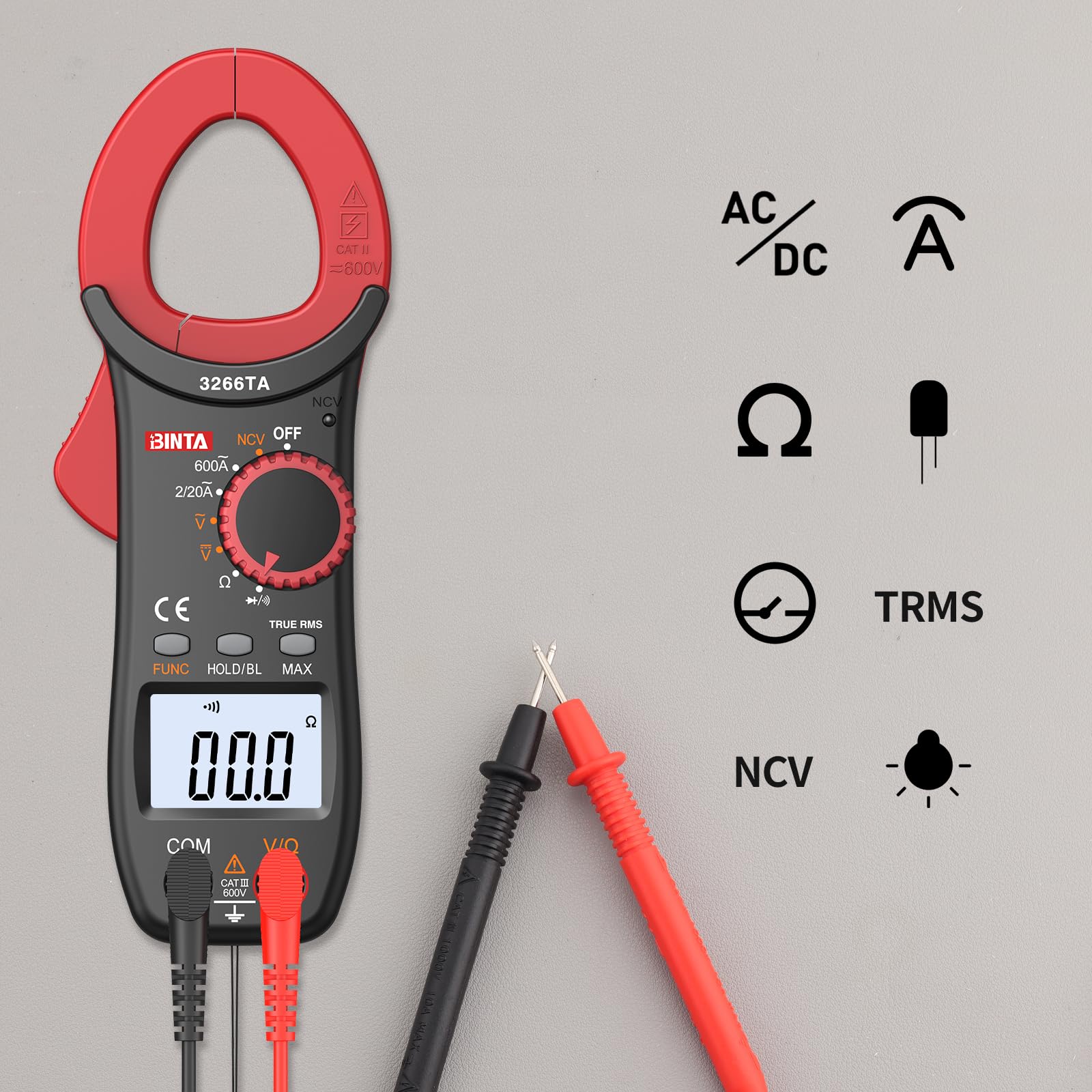 BINTA Pinza Amperimétrica, 600A 2000 Cuentas Pinza Multímetro Digital Profesional NCV TRMS Mide Voltaje CA/CC, Corriente Electricidad, Resistencia, Diodo, Función de Continuidad - con Iluminación