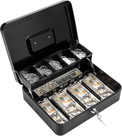 Cash Box with Lock Key and Money Tray - Large Money Box for Cash Register, Metal Lock Box for Money Safe 11.8" x 9.4" x 3.54" Black