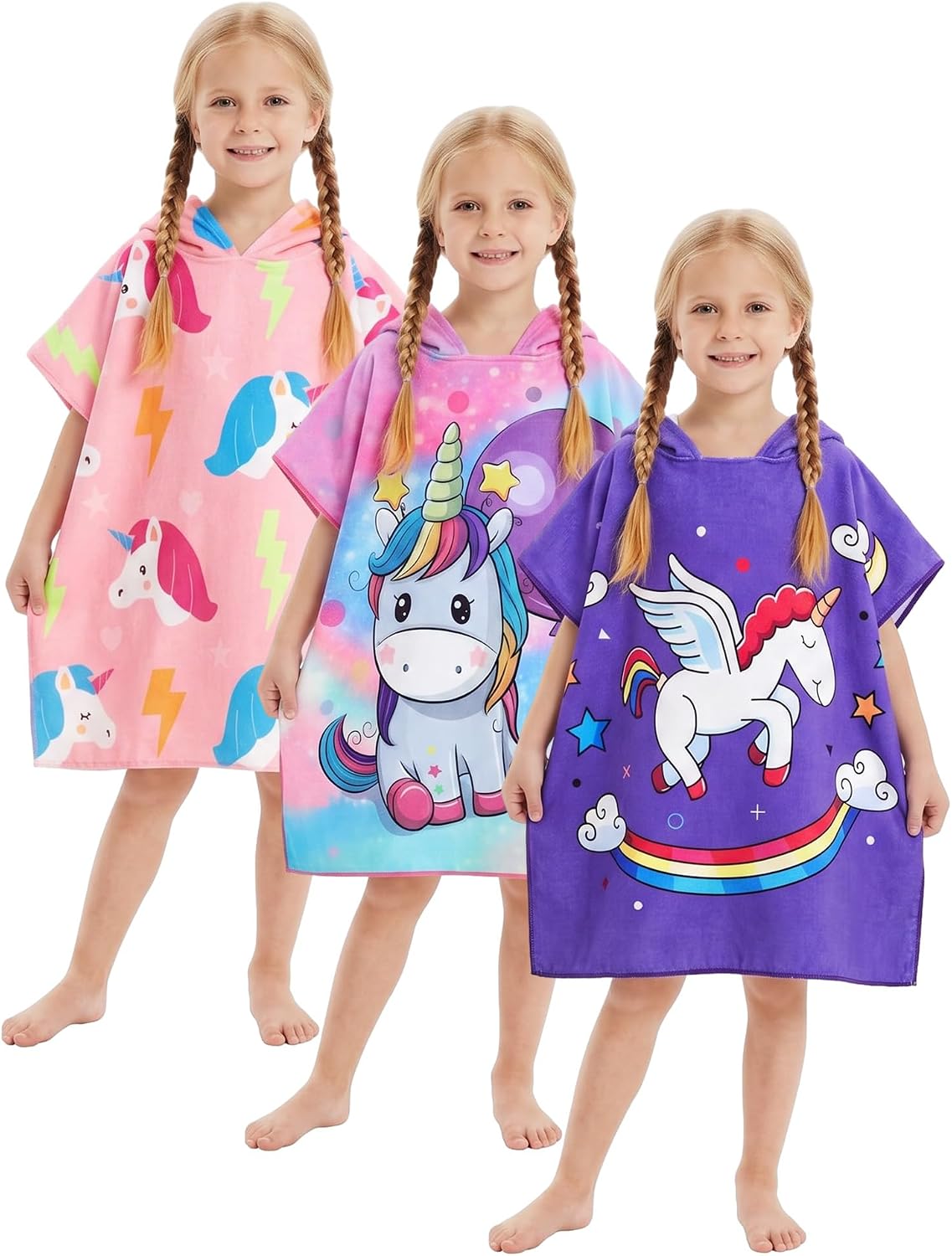 Fourluoo 3 Pack Hooded Kids Beach Towels - Toddler Bath Towels, Swimsuit Cover-ups for Boys and Girls, Suitable for Children Aged 1-6, Quick-Drying, Lightweight, Soft Microfiber Cape Swim Robe
