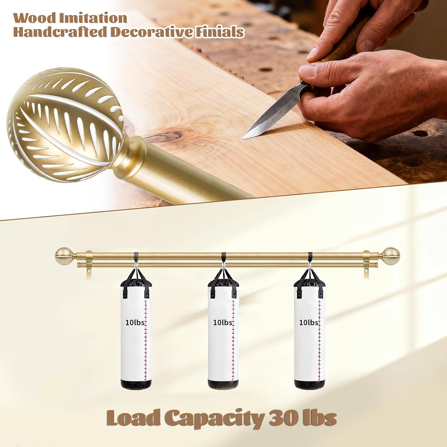 KAMANINA 1 Inch Wood Double Curtain Rods for Windows 36 to 72 Inches (3-6 Feet), Boho Heavy Duty Decorative Curtain Rods, Wooden Drapery Rods with Leaf Pattern Finials, Gold