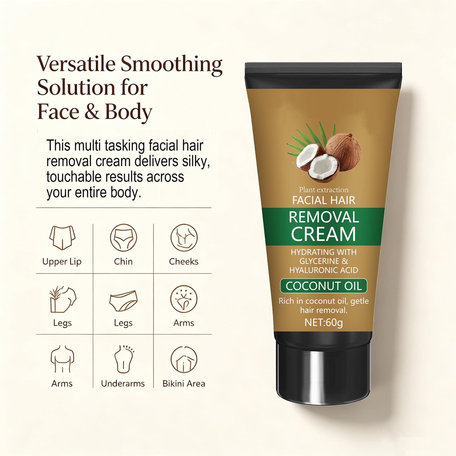 Crema depilatoria per il viso all'olio di cocco, crema depilatoria per il viso, depilatorio non irritante con estratti vegetali, crema lisciante per corpo e viso, ideale per pelli sensibili. (6pcs)