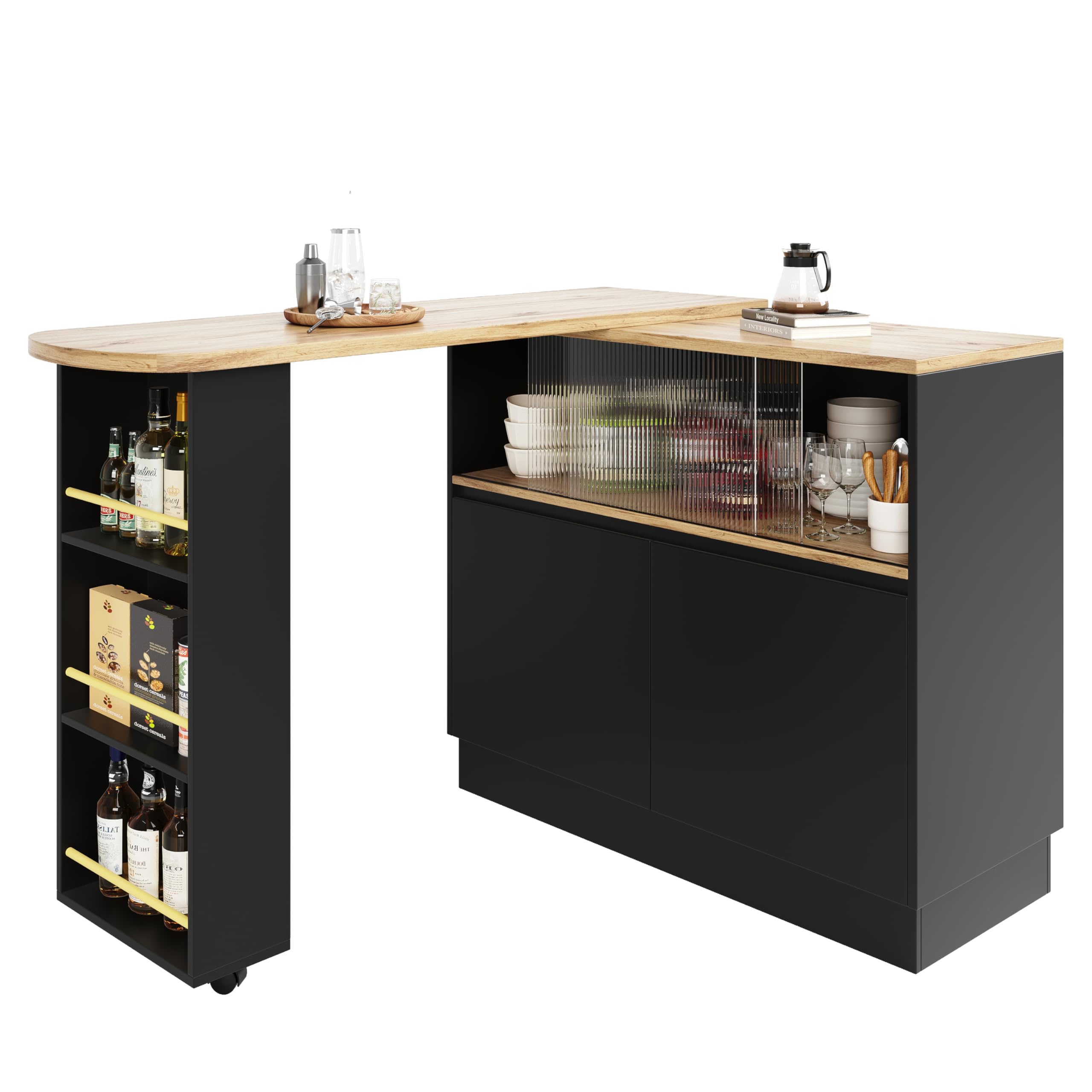 Azkoeesy Table de bar à manger rotative à 360° avec espace de rangement, 90 x 45 x 100-165 cm, avec roulettes, étagère latérale, portes coulissantes en verre, table haute, table de bistrot, table