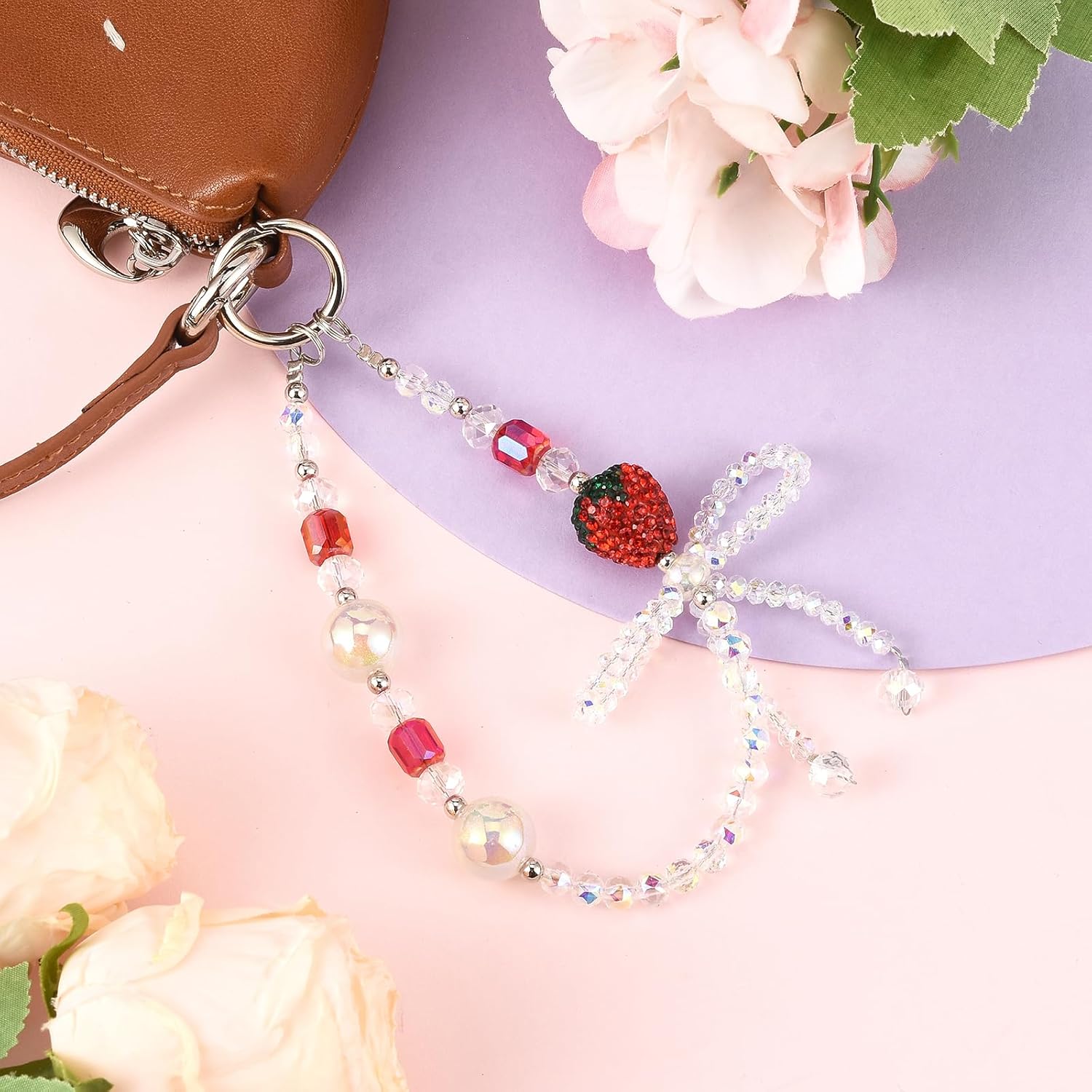 BEEFLYING Beaded Phone Wrist Strap Y2K Cute Phone Charm Wristlet Lanyard with Bowknot Butterfly Flower Heart Cellphone Bracelet for Keychain Bag Car Key Decoration - Image 4