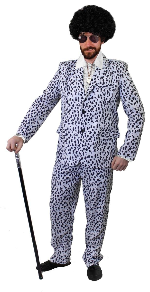 Mens Pimp Fancy Dress Costume - 70s Style Dalmatian Print Suit With Trousers, White Satin Shirt With Large Collar and Cuffs, Sunglasses, White Afro Wig and Gold Medallion (X-large) โ image 1