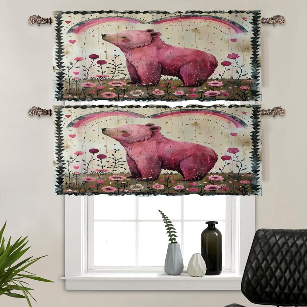 2 Pack Rainbow Bear Flower Window Valances, Rod Pocket Cute Cartoon Forest Animal Window Treatment Short Curtains for Kitchen/Bathroom/Living Room, 54" W X 18" L
