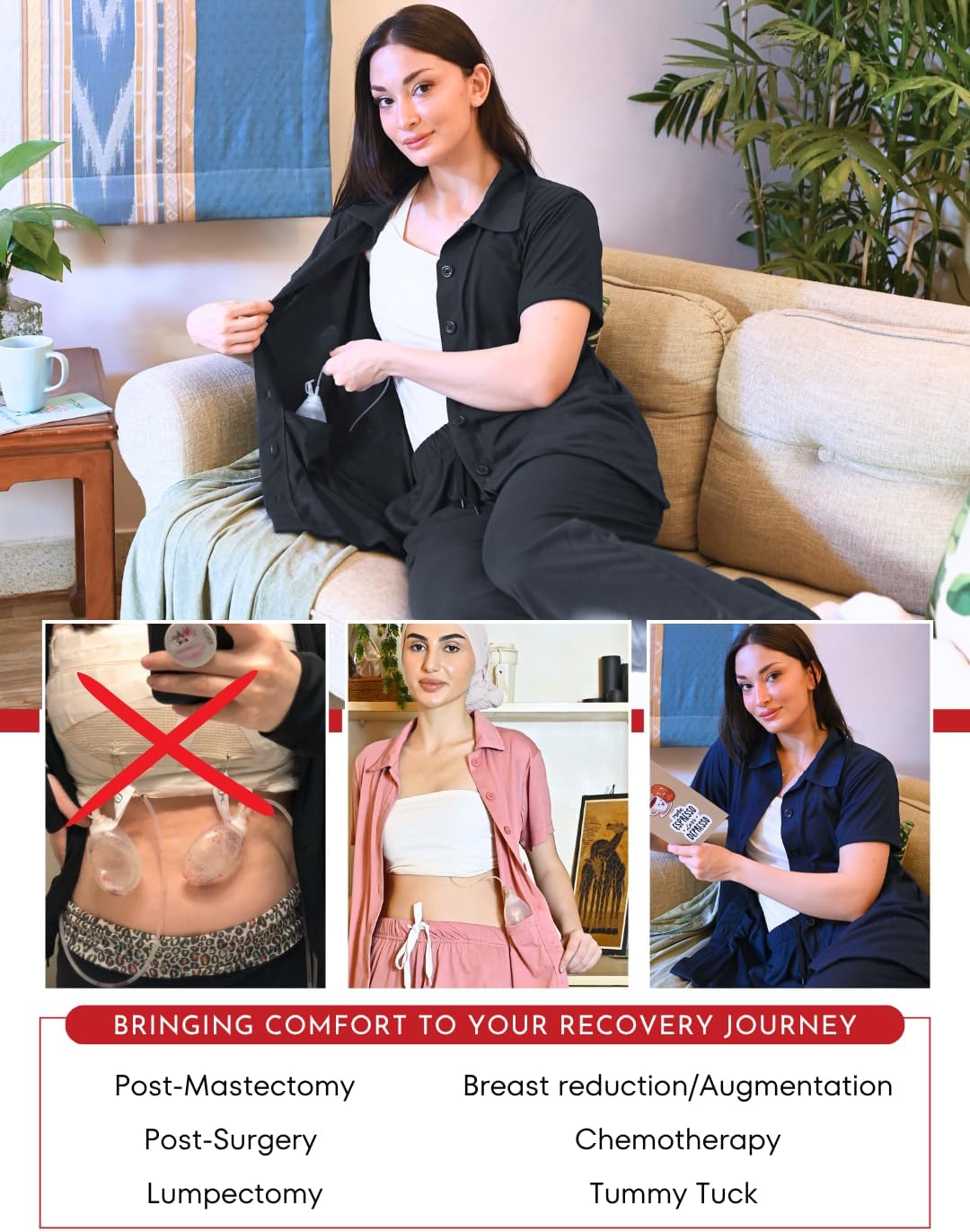 Inspired Comforts Post Surgery Mastectomy Recovery Pajamas Set with Internal Drainage Pockets - Image 5