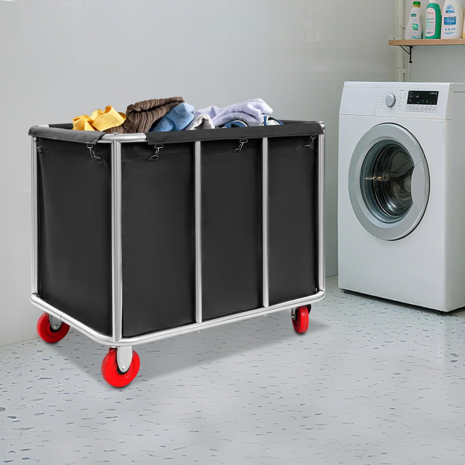 Wäschekorb, 90 x 65 x 80 cm, Edelstahl, 200 kg, Rollen, Schwarz, mit Futter