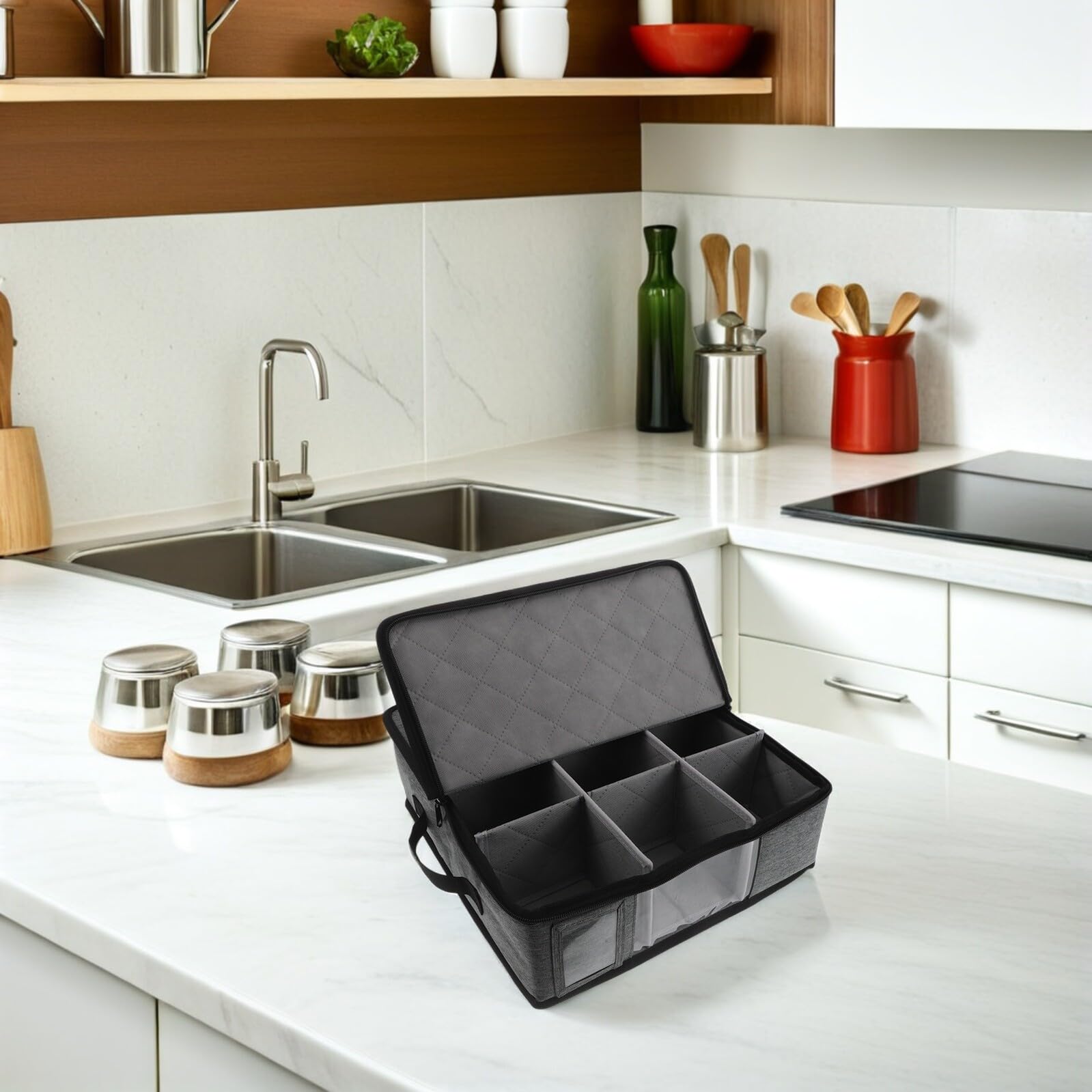SHINEOFI Caja de Almacenamiento para Tazas con Divisores, Tapa con Cremallera y Asas, Organizador Apilable para Vasos y Tazas de Café, Multiuso para Cocina y Mudanzas, Diseño Compacto