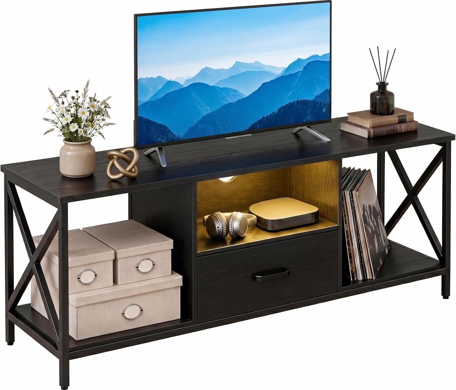 Blisswood TV Unit, 112cm LED TV Stand with RGB Lights for 43โ50 Inch TVs, Wooden Media Console Entertainment Centre with Drawer & Shelves, Industrial Metal Frame Cabinet for Living Room Bedroom_Black